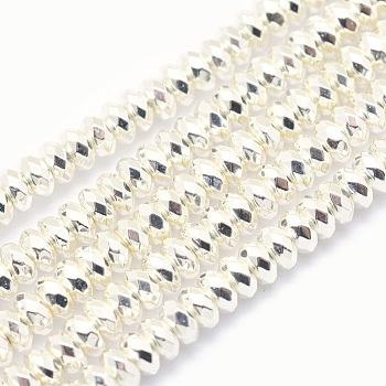 Electroplate Non-magnetic Synthetic Hematite Beads Strands, Grade AA, Long-Lasting Plated, Faceted, Rondelle, Silver Plated, 6x3mm, Hole: 1mm, about 142pcs/strand, 15.7 inch(40cm)
