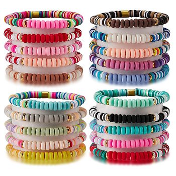 20Pcs 20 Colors Handmade Polymer Clay Heishi Surfer Stretch Bracelets Set with Synthetic Hematite, Preppy Bracelets for Women, Mixed Color, Inner Diameter: 2-1/8 inch(5.5cm), 1pc/color