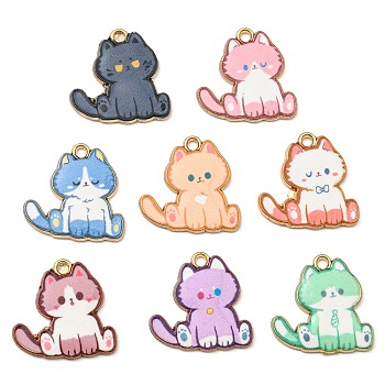 Printed Alloy Pendants, Golden, Cadmium Free & Nickel Free & Lead Free, Cat Shape Charms, Mixed Color, 20x20x2mm, Hole: 1.6mm