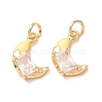 Brass Micro Pave Clear Cubic Zirconia with Enamel Charms, Moon with Rectangle Charms, Single Stone Charms, Rack Plating, Long-Lasting Plated, Cadmium Free & Lead Free, Real 18K Gold Plated, Yellow, 14.5x11x4mm, Hole: 3mm(CU-K002-47G-A)