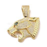 Brass Micro Pave Clear Cubic Zirconia Pendants, Cheetah Charm, Real 18K Gold Plated, Green, 20x33x4mm, Hole: 5x7.5mm(KK-H433-36G)