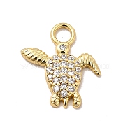 Rack Plating Brass Micro Pave Cubic Zirconia Pendants, Cadmium Free & Lead Free, Long-Lasting Plated, Sea Turtle Charm, Real 18K Gold Plated, Clear, 16x15x2mm, Hole: 3mm(KK-P230-23G-A)