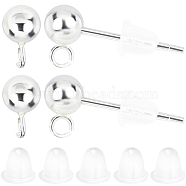 5 Pairs 925 Sterling Silver Round Ball Stud Earring Findings, Earring Posts with Vertical Loops, 925 Stamp, 10Pcs Plastic Ear Nuts, Silver, 15mm, head: 6.5x4mm, Hole: 1mm, Pin: 0.7mm(STER-BBC0006-26A)