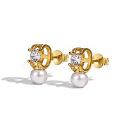 925 Sterling Silver Micro Pave Cubic Zirconia Earrings, Fresh Water Pearl Stud Earrings for Women, Real 18K Gold Plated, 11.5x5.5mm(EJEW-Q804-03G)