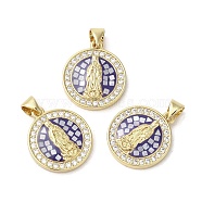 Brass Micro Pave Cubic Zirconia Pendants, with Enamel & Shell, Long-Lasting Plated, Lead Free & Cadmium Free, Real 18K Gold Plated, Flat Round with Virgin Mary, Blue, 20x17x3mm, Hole: 5x3.5mm(KK-K385-024G)