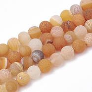 Dyed Natural Striped Agate/Banded Agate Beads Strands, Frosted, Round, Dark Orange, 6~6.5mm, Hole: 1mm, about 63pcs/strand, 15.5 inch(G-T098-05C-06)