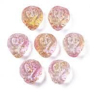 Transparent Spray Painted Glass Beads, with Golden Foil, Half Drilled, Textured, Strawberry Shape, Hot Pink, 13x11x10mm, Hole: 1mm(X-GLAA-R215-01-B03)