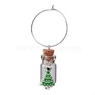 Glass Wishing Bottle Wine Glass Charms, with Christmas Tree Alloy Rhinestone Enamel Pendants and Brass Rings Hoop Earrings, Silver Color Plated, 60mm(AJEW-JO00134)