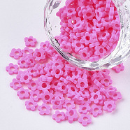 Handmade Polymer Clay Cabochons, Flower, Hot Pink, 4~5x4~5x1.5mm, Hole: 2mm, about 27775pcs/500g(CLAY-S091-042A)