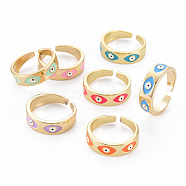 Real 16K Gold Plated Brass Enamel Cuff Rings, Evil Eyel Open Rings for Girl Women, Nickel Free, Mixed Color, US Size 7 1/2(17.7mm)(RJEW-N037-001-NF)