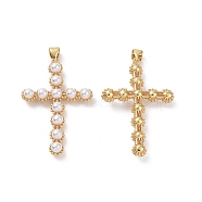 Plastic Imitation Pearl Pendants, with Brass Findings, Cross Charm, Real 18K Gold Plated, 39.5x26.5x5.5mm, Hole: 4x5.5mm(KK-G453-06G)