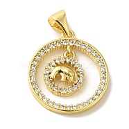 Brass Micro Pave Cubic Zirconia Pendants, Real 18K Gold Plated, Round with Elephant, Real 18K Gold Plated, 20.5x17.5x3mm, Hole: 5x3.5mm(KK-Z042-22G)