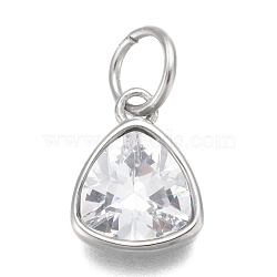 304 Stainless Steel Cubic Zirconia Pendant, Triangle, Stainless Steel Color, Clear, 12.5x9.5x5mm, Hole: 5mm(ZIRC-P080-B09)