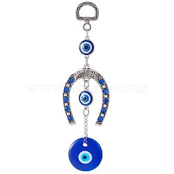 Horse Shoe Pendant Decorations, Handmade Lampwork & Alloy Rhinestone & Resin Evil Eye Hanging Ornaments, Turkish Amulet Good Luck Charm, Antique Silver, 140mm, Hole: 13.5x9.5mm (X1-HJEW-H058-04)