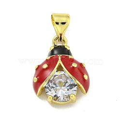 Rack Plating Brass Micro Pave Clear Cubic Zirconia with Enamel Pendant, Cadmium Free & Lead Free, Long-Lasting Plated, Ladybugs, Real 18K Gold Plated, 16x12.5x5mm, Hole: 5x3.5mm(KK-B091-37G-02)