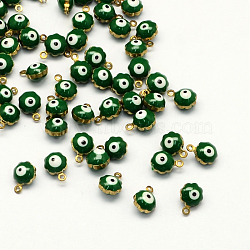 Golden Tone Brass Enamel Charms, Flower with Eye, Green, 9x7x5mm, Hole: 1mm(KK-Q571-05A)