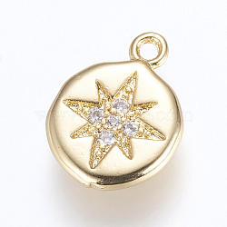 Brass Charms, with Cubic Zirconia, Flat Round with Star, Golden, 13x9.5x2mm, Hole: 1mm(X-ZIRC-G116-08G)