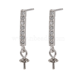 Anti-Tarnish Rhodium Plated 925 Sterling Silver Stud Earring Findings, with Cubic Zirconia, For Half Drilled Beads, Rectangle, Clear, Platinum, 20x2mm, Pin: 0.5mm and 0.6mm(STER-L057-052P)