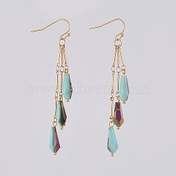 Electroplate Opaque Solid Color teardrop, Glass Beads Dangle Earrings, with Brass Bar Links Chains and Earring Hooks, Real 18K Gold Plated, Aqua, 72mm, Pin: 0.7mm(X-EJEW-JE03812-02)
