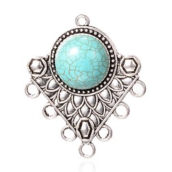 Tibetan Style Alloy Chandelier Components, Triangle, with Synthetic Turquoise, Antique Silver, 42x36.5x8mm, Hole: 2mm and 3mm(PALLOY-K209-05A-AS)