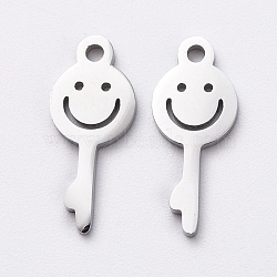 304 Stainless Steel Charms, Cut-Out, Manual Polishing, Hollow, Key with Smile, Stainless Steel Color, 13x5.5x1mm, Hole: 1mm(STAS-G215-07P)