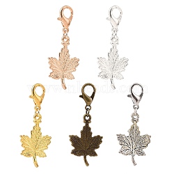 Maple Leaf Alloy Pendants Decorations Set, Alloy Lobster Clasp Charms, Clip-on Charm, for Keychain, Purse, Backpack Ornament, Mixed Color, 35mm, 5pcs/set(HJEW-JM00819)