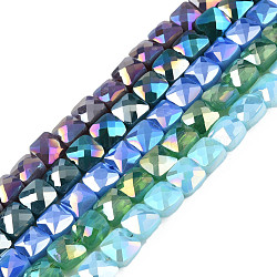 Electroplate Opaque Solid Color Glass Beads Strands, AB Color Plated, Faceted, Square, Mixed Color, 6.5x6.5x4.5mm, Hole: 1.2mm, about 97~99Pcs/strand, 25 inch(63.5cm)(EGLA-N002-43)