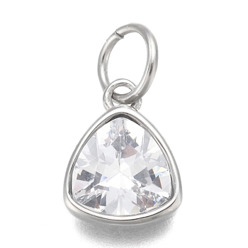 304 Stainless Steel Cubic Zirconia Pendant, Triangle, Stainless Steel Color, Clear, 12.5x9.5x5mm, Hole: 5mm
