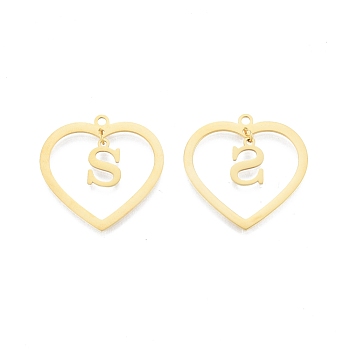 201 Stainless Steel Pendants, Hollow, Heart with Letter A~Z, Real 18K Gold Plated, Letter.S, 29x29.5x1mm, Hole: 2mm, A~Z: 12x8~10.5x1mm