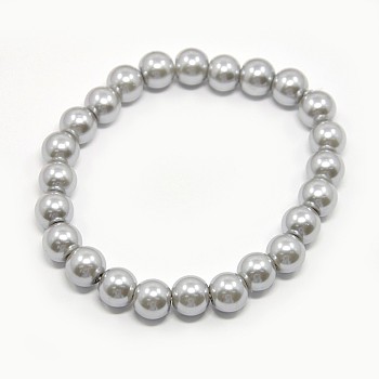 Stretchy Glass Pearl Bracelets, with Elastic Cord, Silver, 55x4mm