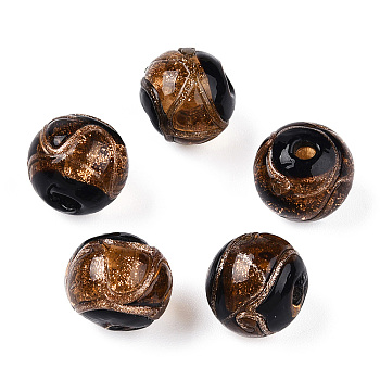 Handmade Gold Sand Lampwork Beads, Round, Camel, 12~12.5x11.5mm, Hole: 1.8mm