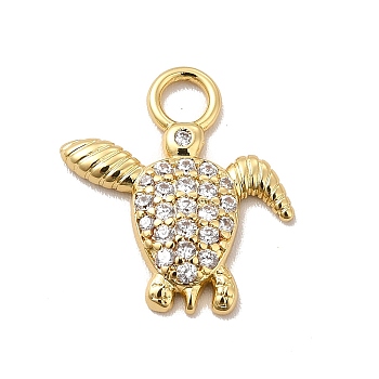 Rack Plating Brass Micro Pave Cubic Zirconia Pendants, Cadmium Free & Lead Free, Long-Lasting Plated, Sea Turtle Charm, Real 18K Gold Plated, Clear, 16x15x2mm, Hole: 3mm