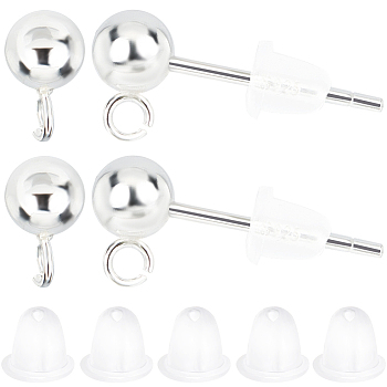 5 Pairs 925 Sterling Silver Round Ball Stud Earring Findings, Earring Posts with Vertical Loops, 925 Stamp, 10Pcs Plastic Ear Nuts, Silver, 15mm, head: 6.5x4mm, Hole: 1mm, Pin: 0.7mm