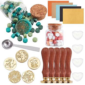 CRASPIRE DIY Wax Seal Stamp Kits, Including Brass Wax Seal Stamp, Wood Handle, Sealing Wax Particles, Paper Envelopes, Candles, 304 Stainless Steel Spoon, Mixed Color, Sealing Wax Particles: 0.9x0.9cm, 2 colors, 30g/color, about 90pcs/color, 180pcs/set