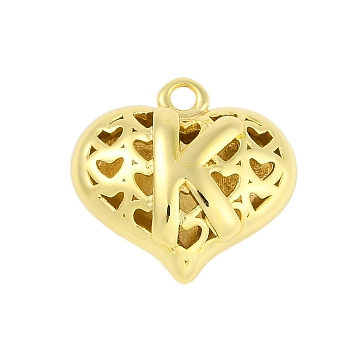 Hollow Brass Pendants for Valentine's Day, Heart with Letter, Real 18K Gold Plated, Letter K, 25x26x13mm, Hole: 2.5mm