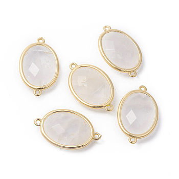 Golden Tone Brass Quartz Crystal Links Connectors, Rock Crystal, Faceted, Oval, 26x15x6mm, Hole: 1~2mm