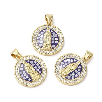 Brass Micro Pave Cubic Zirconia Pendants, with Enamel & Shell, Long-Lasting Plated, Lead Free & Cadmium Free, Real 18K Gold Plated, Flat Round with Virgin Mary, Blue, 20x17x3mm, Hole: 5x3.5mm