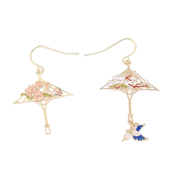 Vintage Umbrella and Butterfly Dangle Earrings for Girl Women Gift, Brass Enamel Asymmetrical Earrings, Light Gold, 37mm, 47mm, Pin: 0.7mm