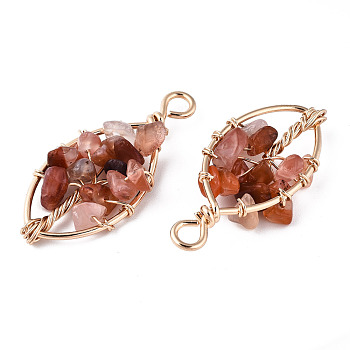Natural Red Agate Pendants, Golden Tone Brass Wire Wrapped, Tree, Oval, 40.5~44x17.5~19x6~7.5mm, Hole: 4mm