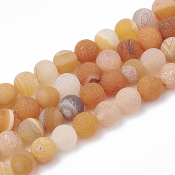 Dyed Natural Striped Agate/Banded Agate Beads Strands, Frosted, Round, Dark Orange, 6~6.5mm, Hole: 1mm, about 63pcs/strand, 15.5 inch