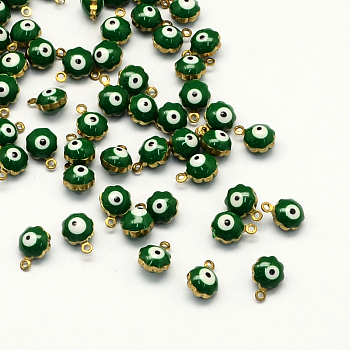 Golden Tone Brass Enamel Charms, Flower with Eye, Green, 9x7x5mm, Hole: 1mm