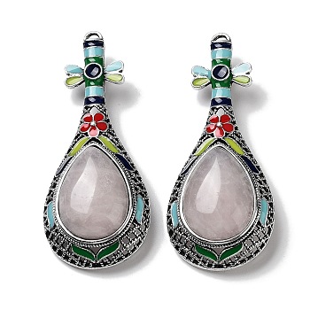 Tibetan Style Alloy Brooches, with Natural Rose Quartz and Eneml, Antique Silver, 66x27.5x18mm, Hole: 8.4x4.2mm