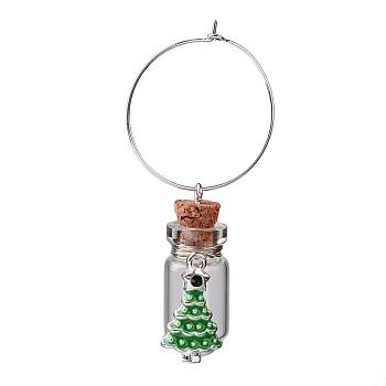 Glass Wishing Bottle Wine Glass Charms, with Christmas Tree Alloy Rhinestone Enamel Pendants and Brass Rings Hoop Earrings, Silver Color Plated, 60mm