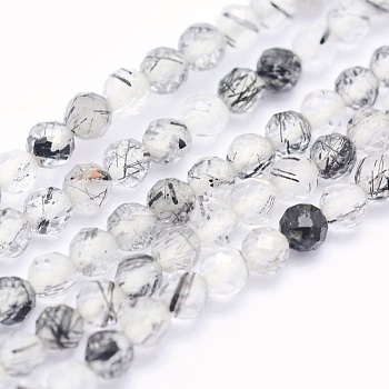 Natural Black Rutilated Quartz Beads Strands, Round, Faceted, 2mm, Hole: 0.5mm, about 174pcs/strand, 15.5 inch(39.5cm)