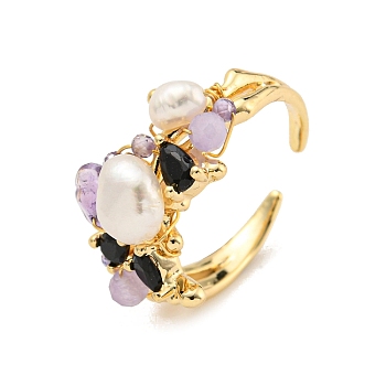 Brass Open Cuff Rings, with Amethyst, Pearl, Jewely for Women, Flower, Real 14K Gold Plated, Inner Diameter: 18mm