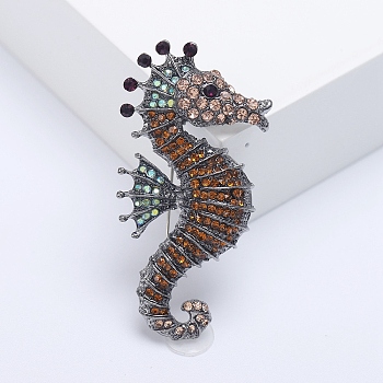 Alloy Brooches, Rhinestone Pin, Jewely for Women, Sea Horse, Orange, 58x29mm