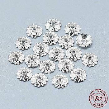 925 Sterling Silver Bead Caps, 6-Petal, Flower, Silver, 8x2mm, Hole: 1.2mm