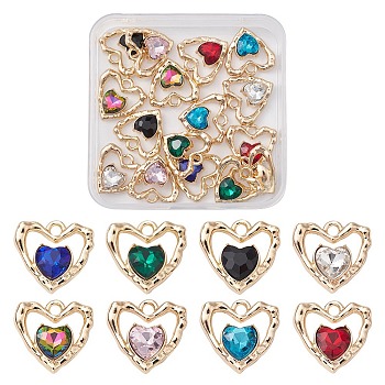 16Pcs 8 Colors Rack Plating Alloy Pandants, with Glass, Heart Charms, Mixed Color, 19x19x5mm, Hole: 2.3mm, 2Pcs/color
