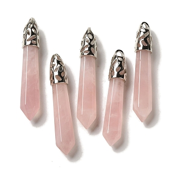 Natural Rose Quartz Pointed Big Pendants, Faceted Bullet Charms with Rack Plating Platinum Plated Brass Findings, 56~65x11~11.5x10~10.5mm, Hole: 4X3mm