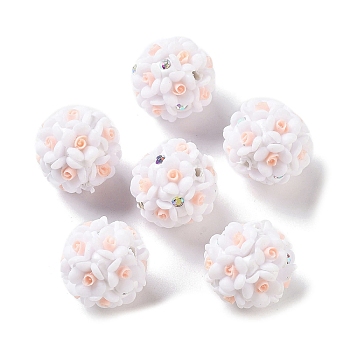 Luminous Resin Pave Rhinestone Beads, Glow in the Dark Flower Round Beads with Porcelain, Light Salmon, 19mm, Hole: 2mm